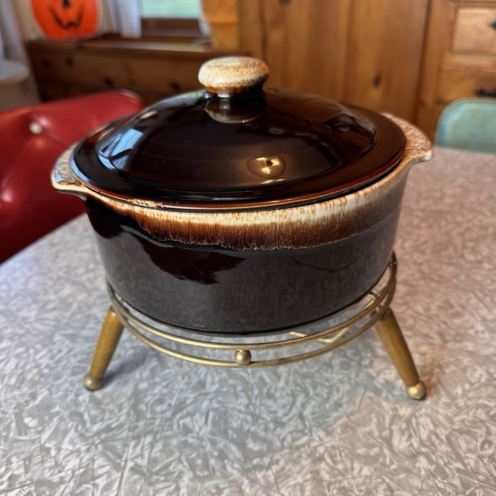 Pflatzgraff Brown Drip Glaze Covered Casserole with Warmer Stand 336 MCM USA